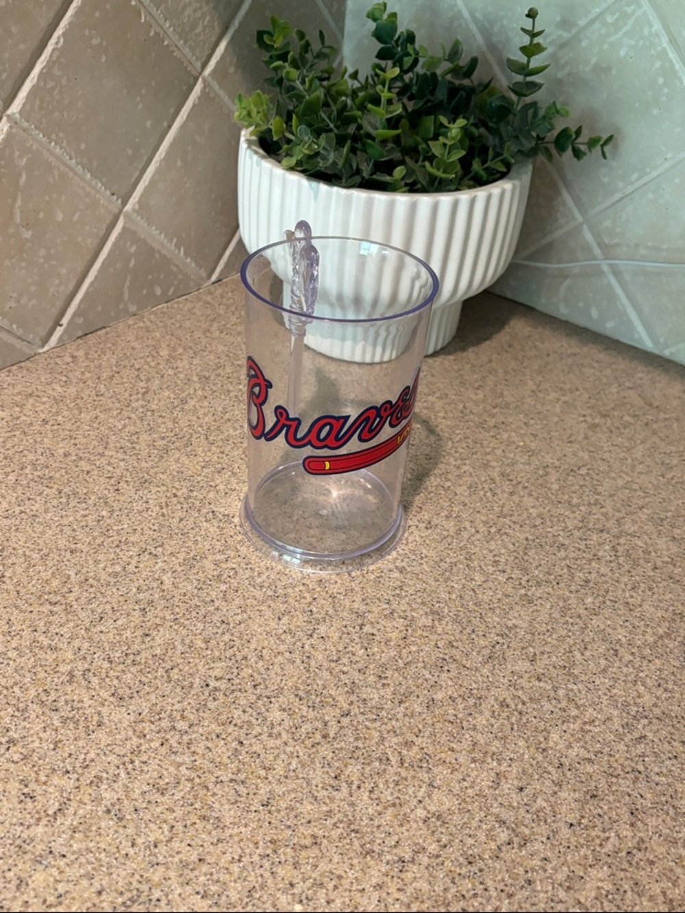 Clear Braves Plastic Tumbler with Red and Blue Team Script